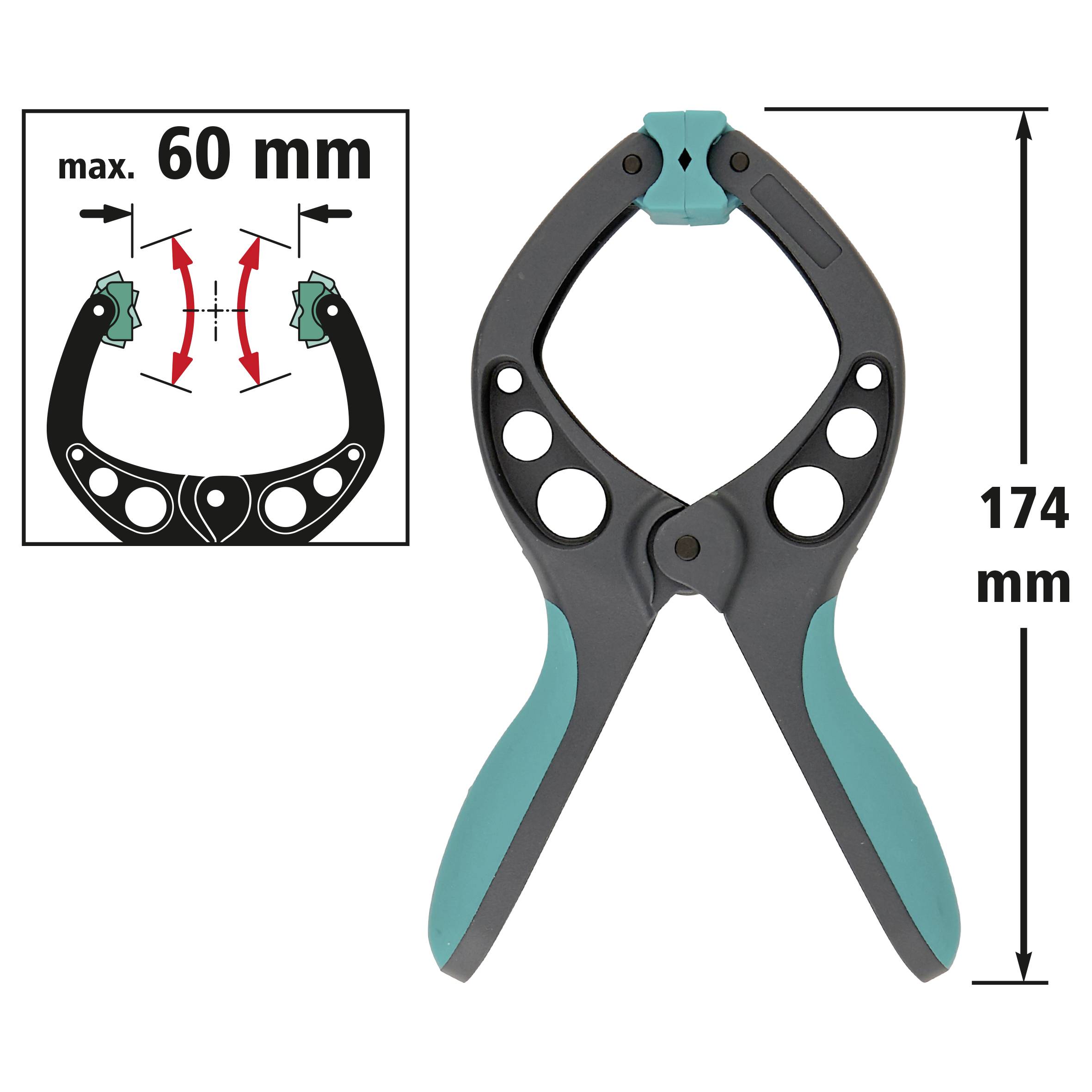 Zwinge mit max. Öffnung von 60 mm, Abmessung 174 mm. Geeignet zum Halten oder Fixieren von Materialien. Rechteckiges Maßdiagramm.