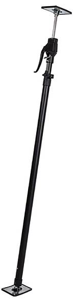 Ein schwarzer, verstellbarer Montagestütze mit quadratischen Endplatten, geeignet zum Abstützen oder Befestigen von Materialien.