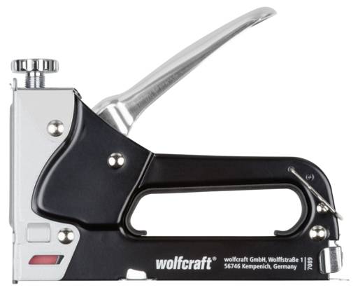 Eine robuste Tackermaschine mit schwarz-silbernem Design, ausgestattet mit einem Griff und einem Einstellknopf, mit der Markenbezeichnung 'wolfcraft' an der Seite.