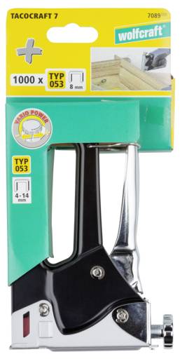 'Wolfcraft Tacocraft 7' Handtacker, in Verpackung, mit 1000 Klammern im Lieferumfang. Geeignet für 8mm Typ 053 Klammern, mit einstellbarer Kraftdosierung.