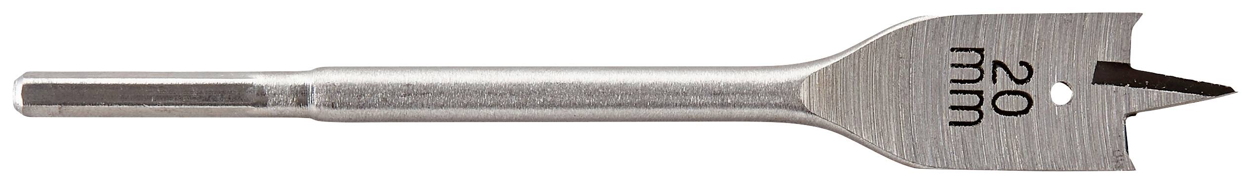 Bohrer mit einem flachen, breiten Kopf und einer Klingenform. Auf dem Bohrkopf steht '20 mm'. Geeignet für Holzarbeiten.