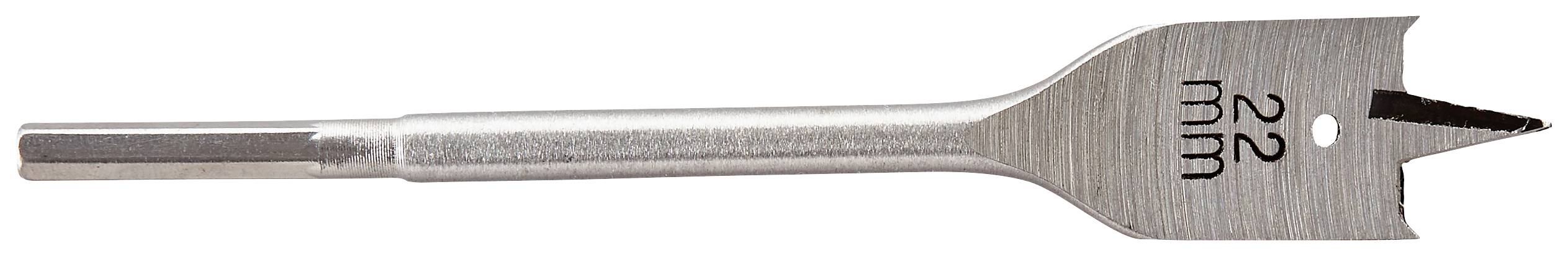 Flachfräsbohrer aus Metall mit der Gravur '22 mm', geeignet für Holzbohrungen mit einem Durchmesser von 22 Millimetern.
