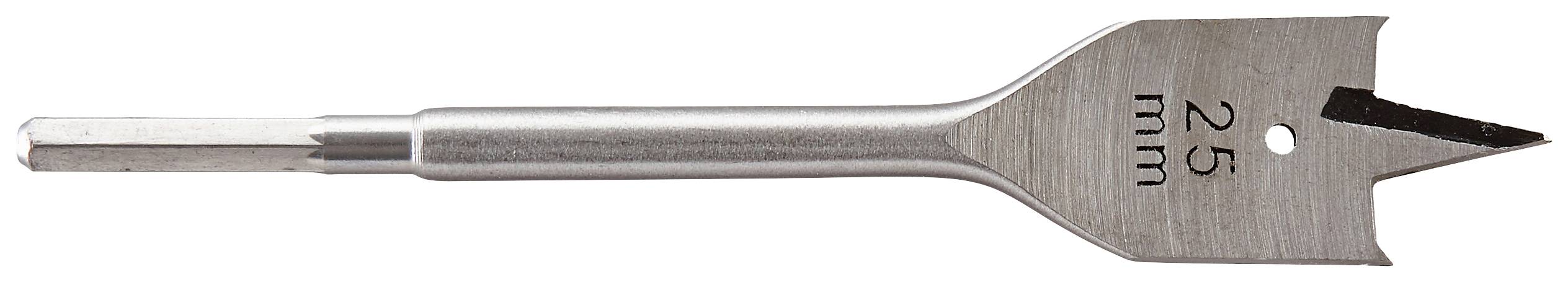 Flachbohrer, 25 mm Größe, für Holzverarbeitung, mit sechseckigem Schaft und scharfer Spitze zum schnellen Bohren.