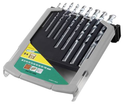 Ein Set von 9 Metallbohrern in verschiedenen Größen von 3 bis 10 mm in einer grauen Halterung mit markantem, grün-gelbem Label.