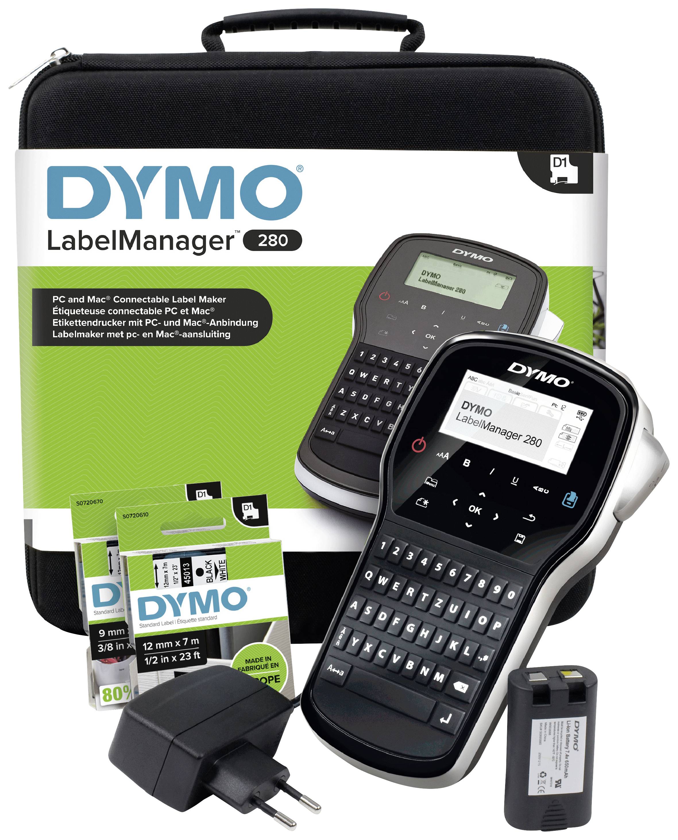 Etikettiergerät Dymo LabelManager 280 mit QWERTZ-Tastatur, kompatibel mit PC und Mac. Enthält Netzadapter und Etiketten.