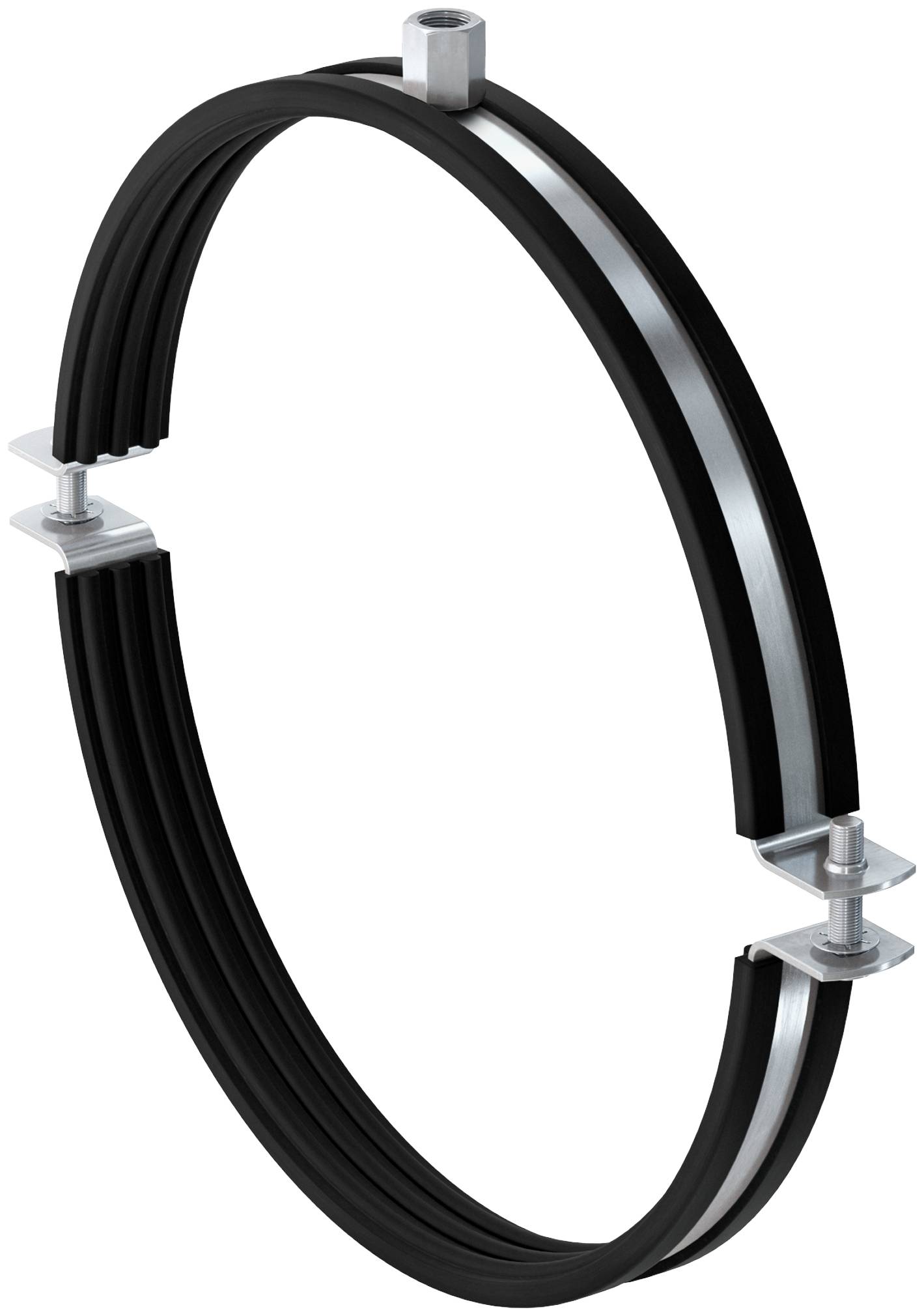 Schwarze kreisförmige Rohrschelle mit Metallbügeln und Bolzen, shown in side view on a white background.