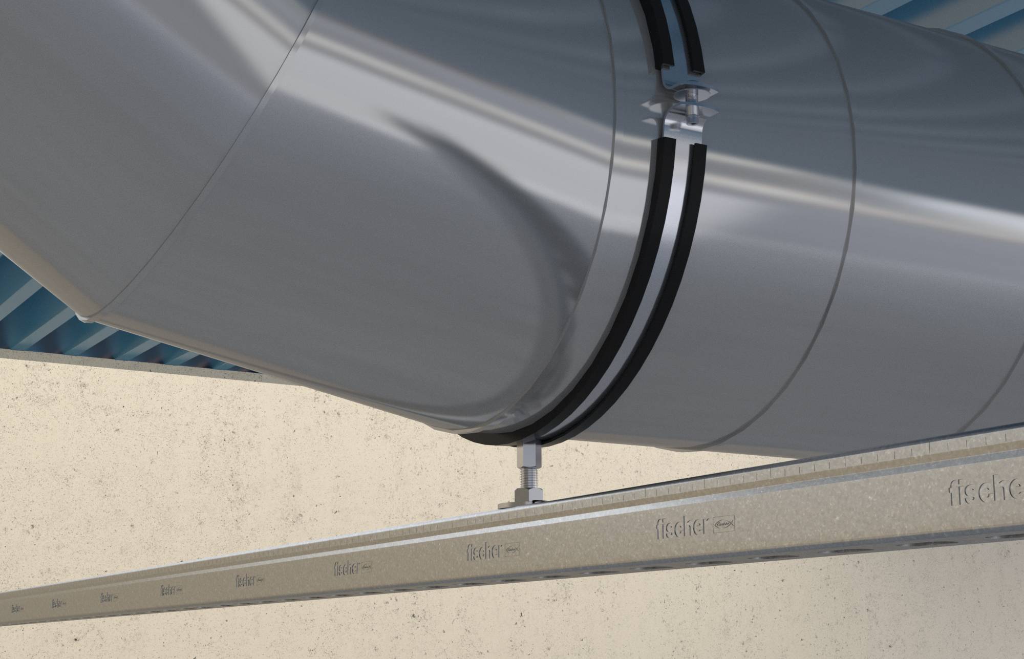 Nahaufnahme eines Metallrohrs, das durch eine Schelle mit einem horizontalen Trägerbaum gegen eine beige Wand verbunden ist.