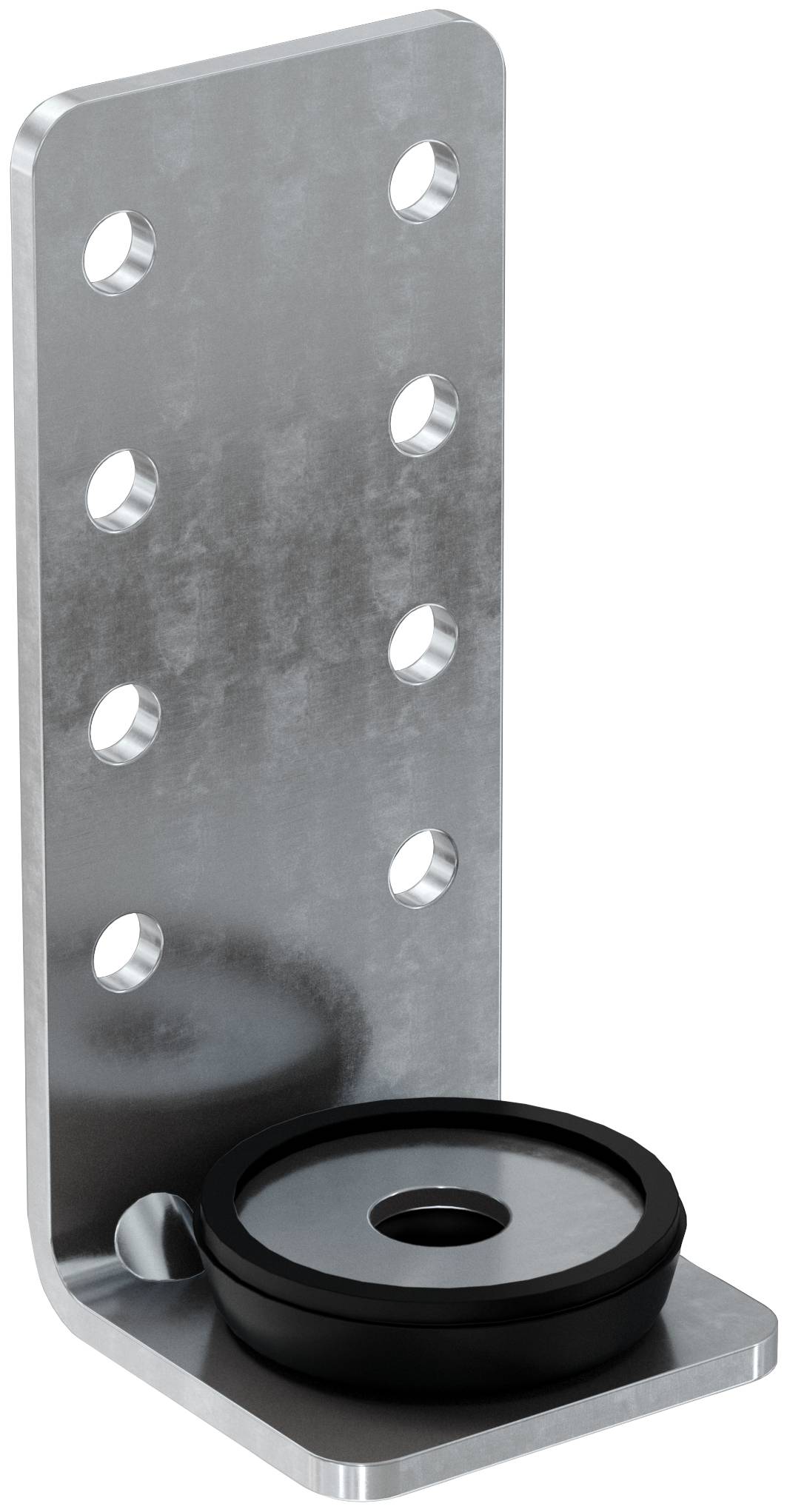 Metall-L-Winkel mit mehreren Befestigungslöchern und einer schwarzen Rollen, wahrscheinlich eine Hardware-Führung oder ein Stützkomponent.