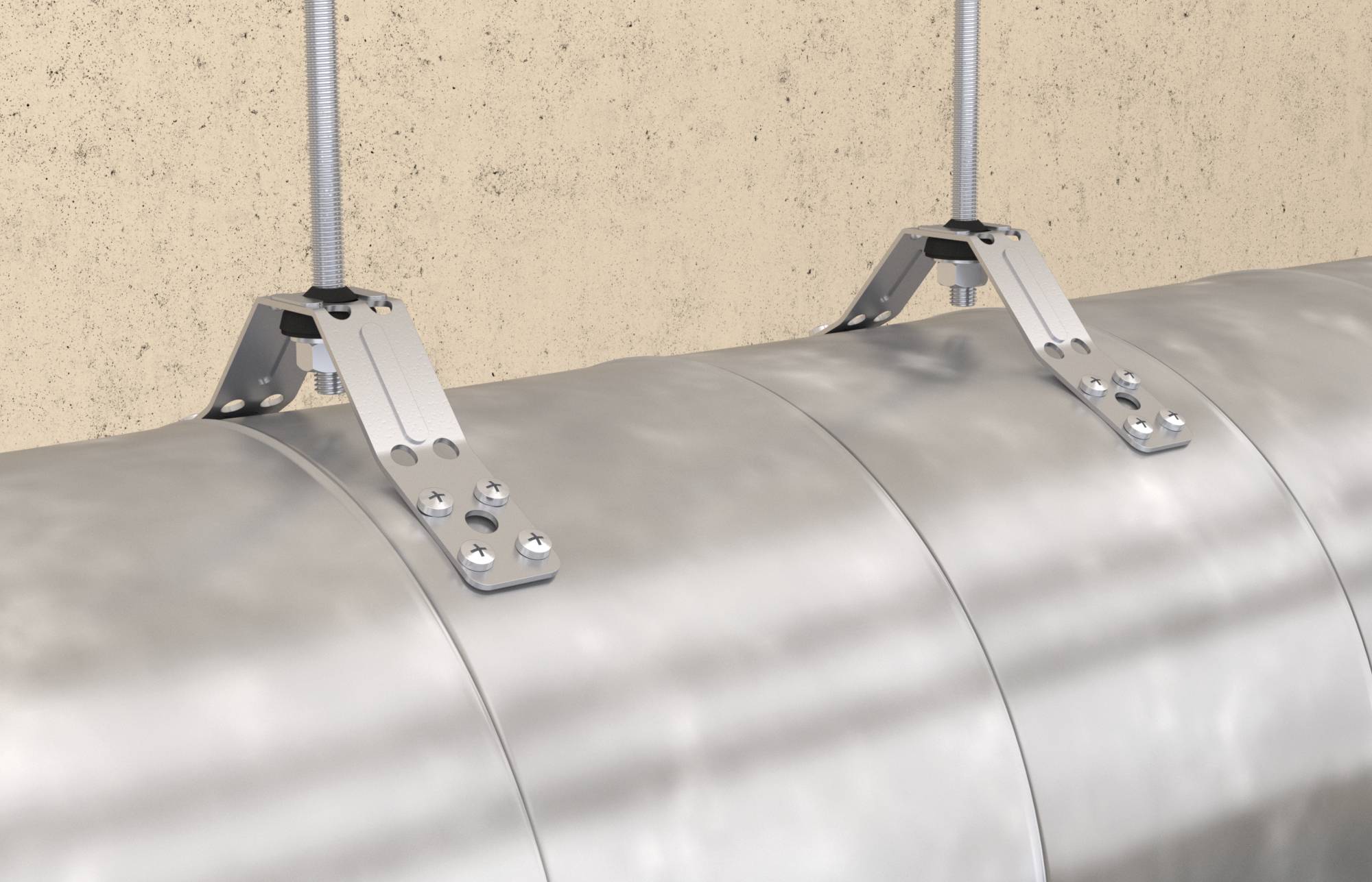 Zwei Metallrohrhalter mit vertikalen Stangen klemmen ein großes horizontales Silberrohr gegen eine Wand.