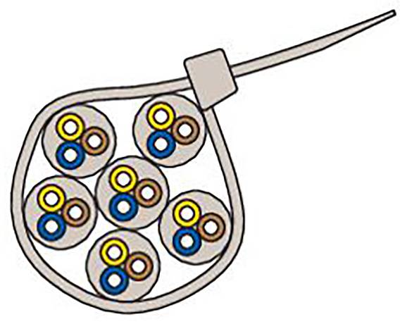 Schema eines elektrischen Kabels mit zusammengerollten Drähten in verschiedenen Farben, dargestellt in einer durchsichtigen Ummantelung.