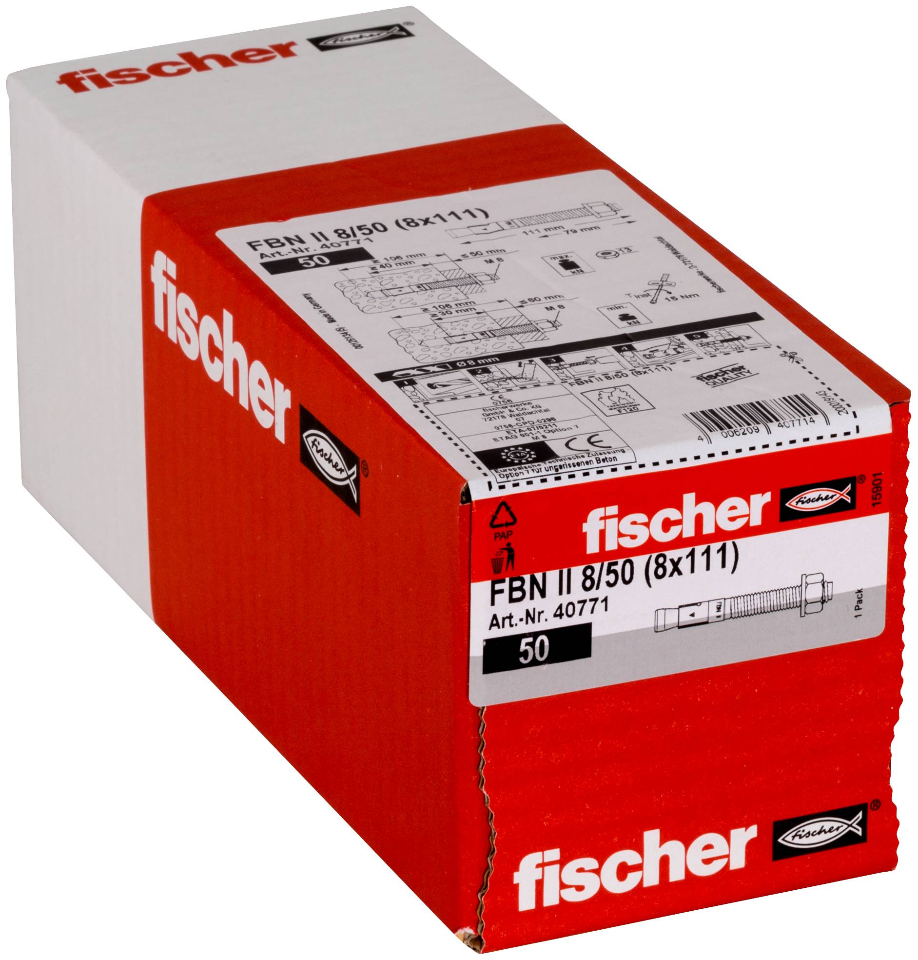 Rote und weiße Fischer-Box mit FBN II 8/50 (8x111) Dübeln, gekennzeichnet mit 50 Stück, auf weißem Hintergrund gezeigt.