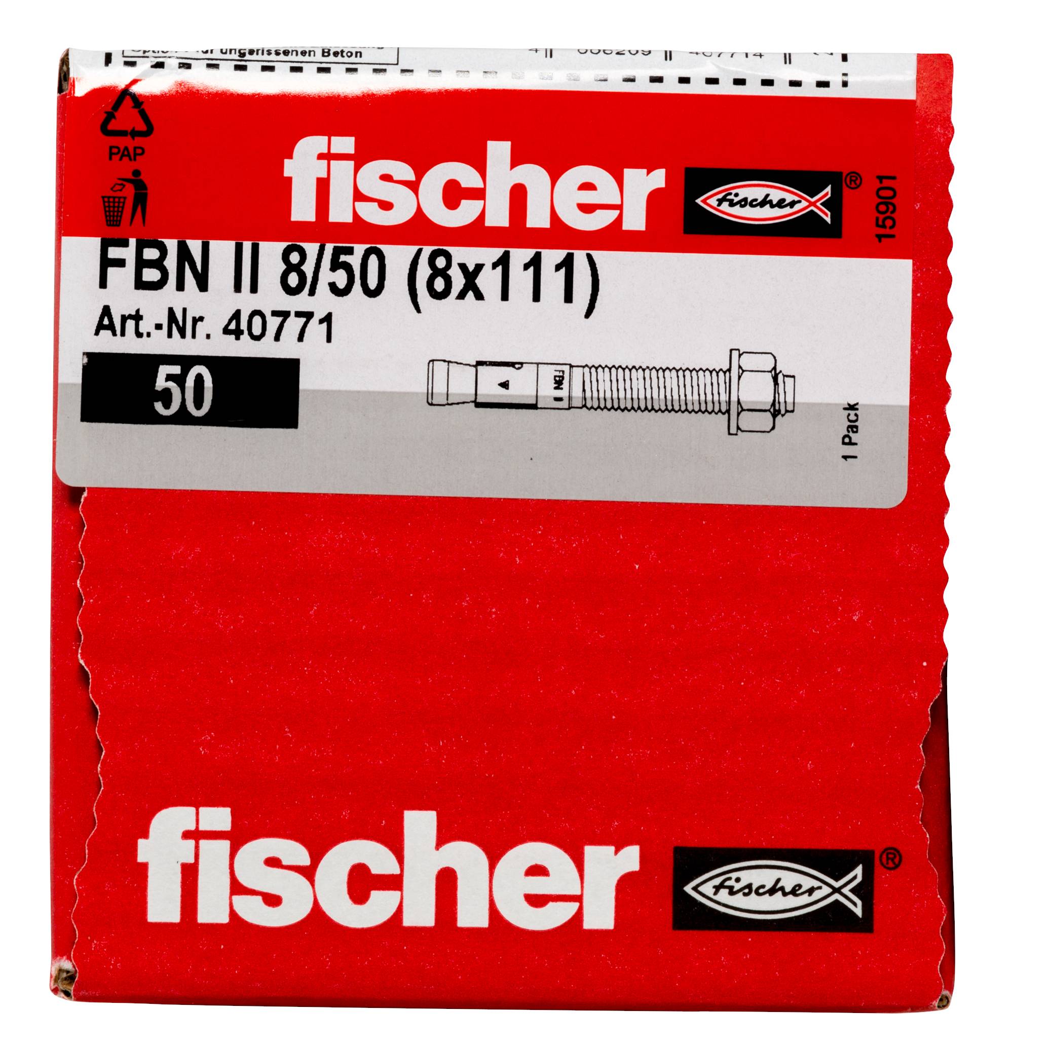 Red Fischer Hardwarepaket mit der Bezeichnung „FBN II 8/50 (8x111)" mit einer Schraubenabbildung und Menge 50.