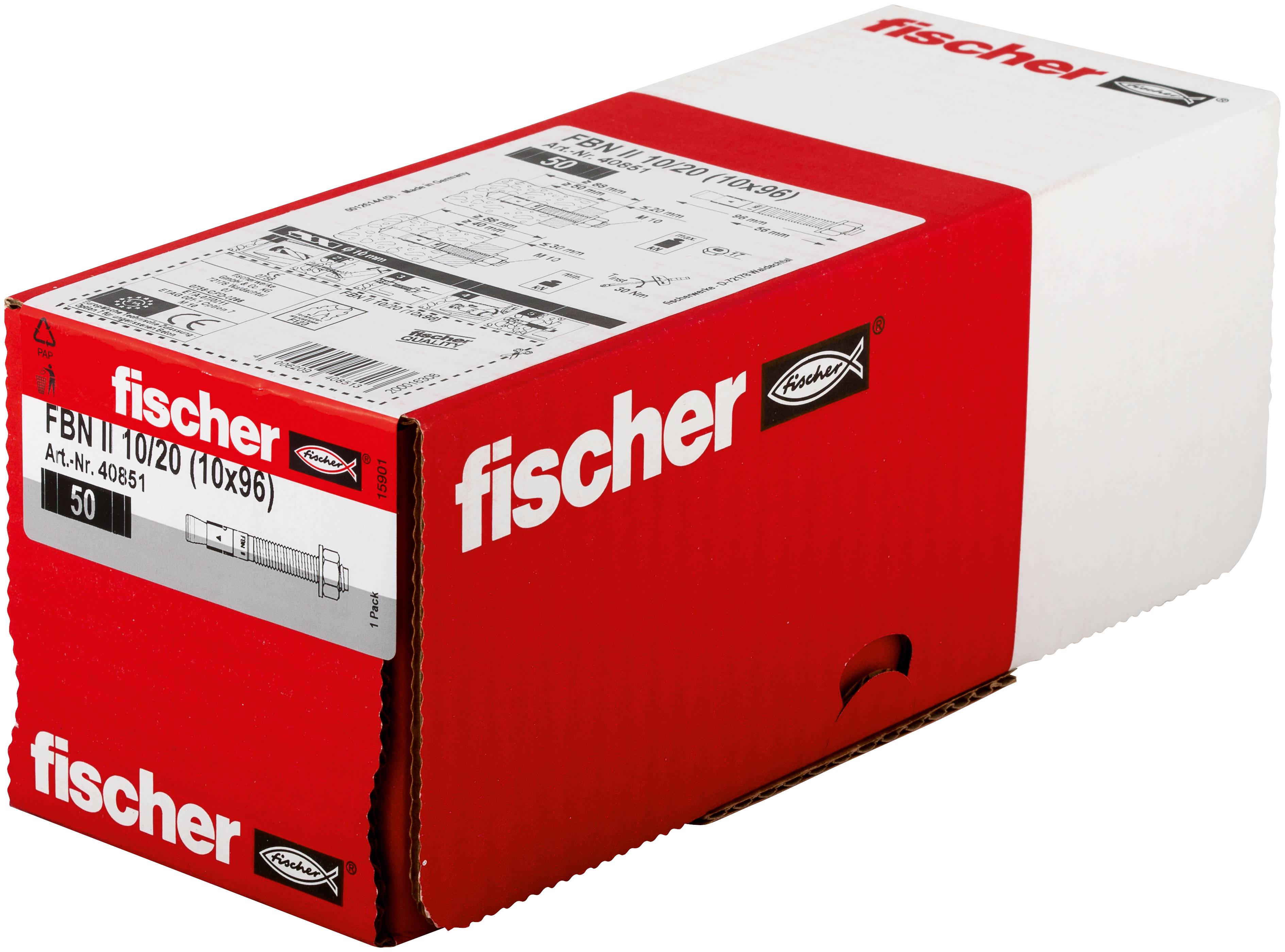 Rote und weiße Fischer-Produktbox, beschriftet mit „FBN II 10/20 (10x96)