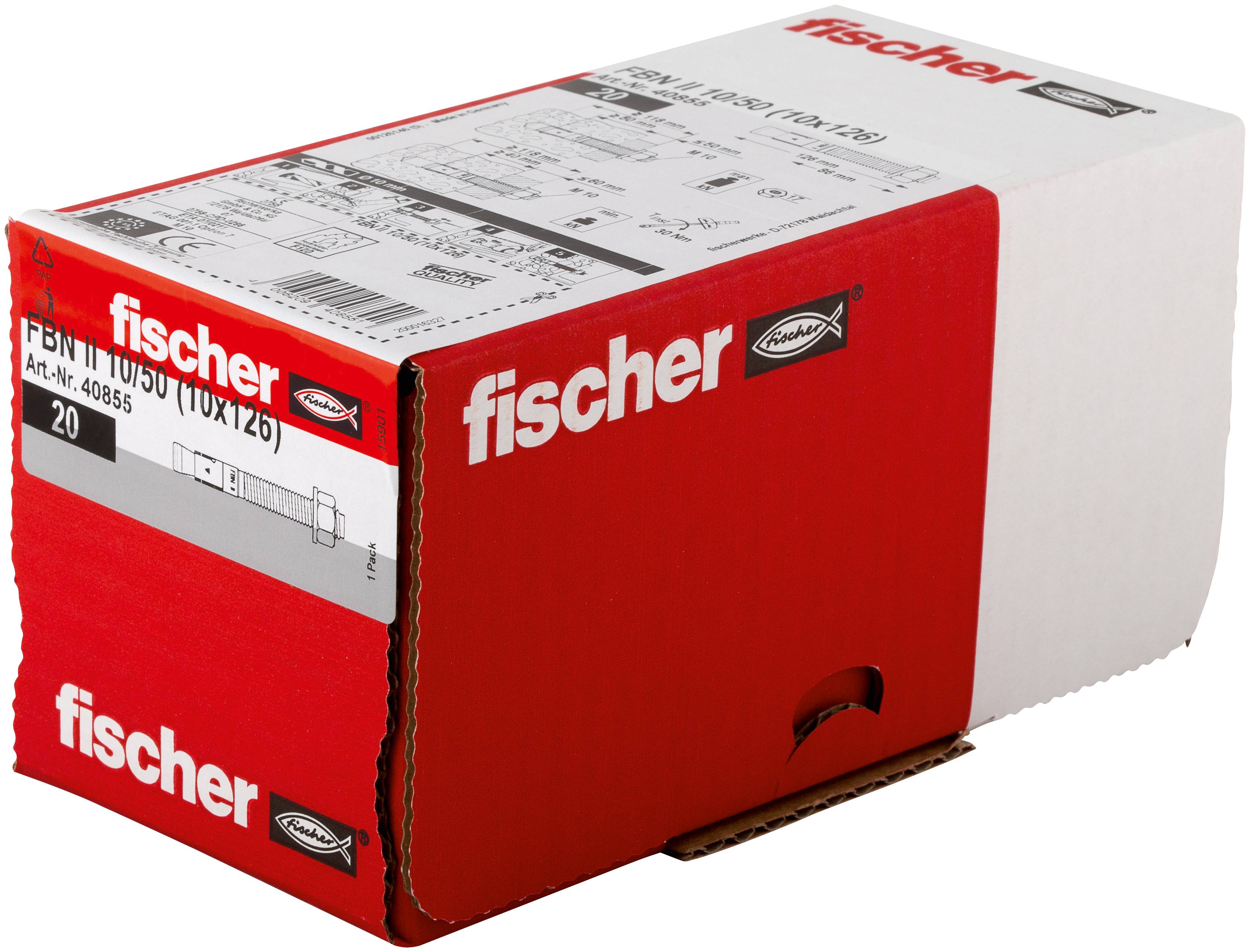 Rote Fischer-Produktbox mit weißem Etikett, das Artikeldetails und eine kleine technische Zeichnung zeigt.