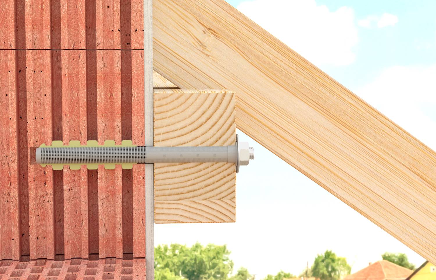 Nahaufnahme einer Holzverbindung: Ein Metallbolzen sichert einen horizontalen Holzbalken und einen Block an einer vertikalen roten Lamellenpaneelwand, mit einem Schrägbalken dahinter.
