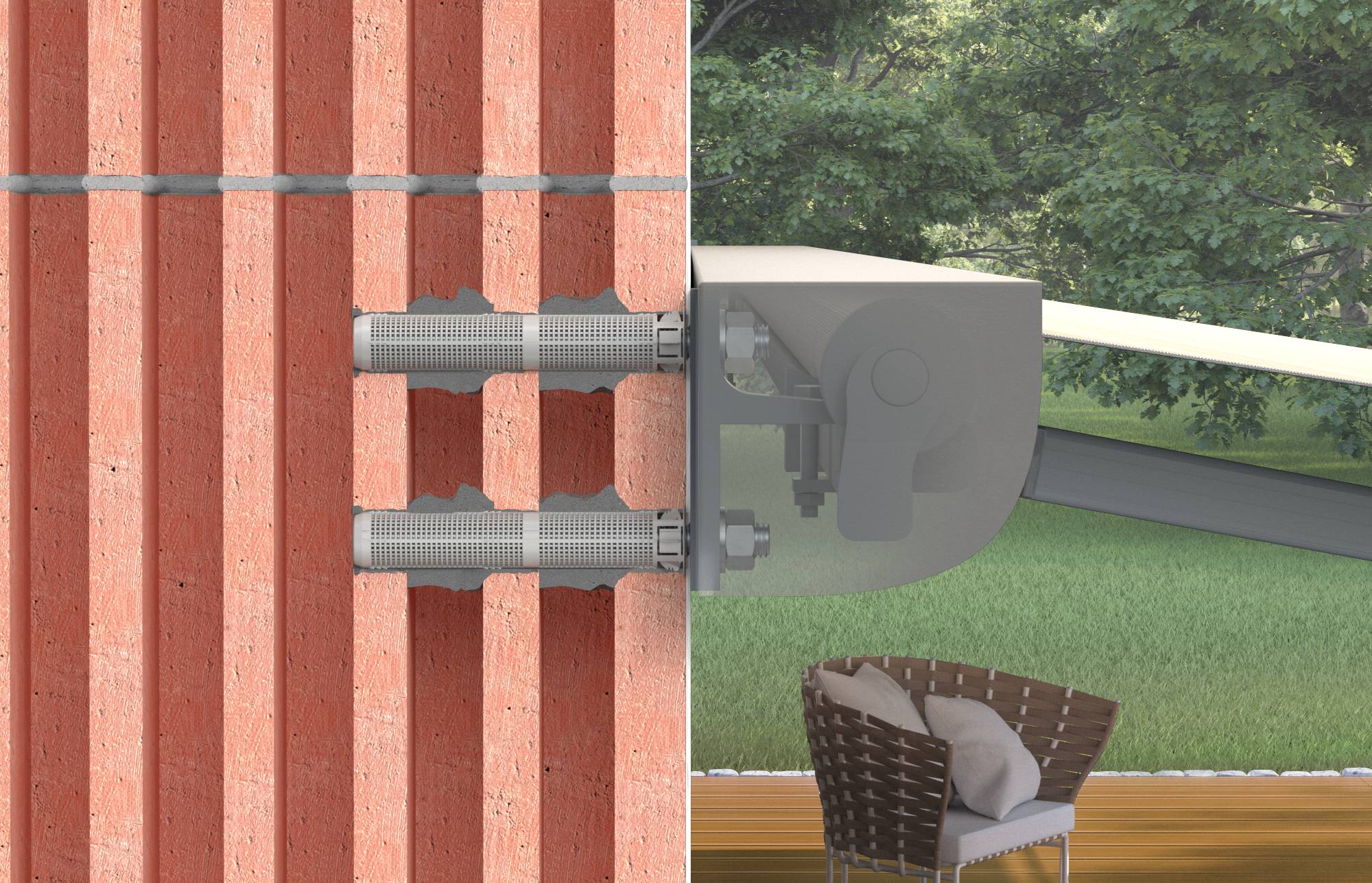 Nahaufnahme einer wandmontierten Halterung mit zwei Bolzen, die einen Metallarm durch eine Ziegelwand verankern, dargestellt in einem Strukturinstallationsdiagramm.