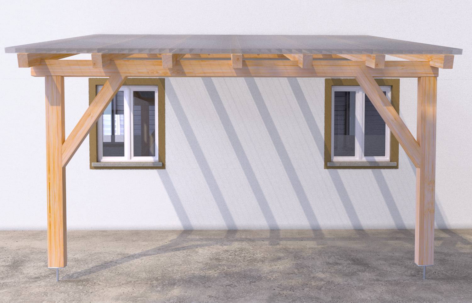 Frontansicht einer einfachen Holz-Terrassenpergola mit geneigtem Dach und zwei tragenden Seitenpfosten vor einer weißen Wand.