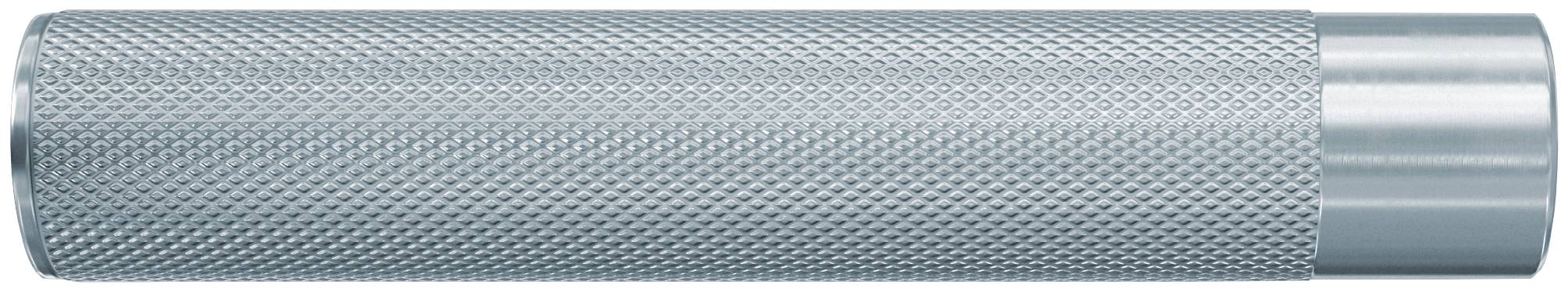 Gerillter Metallzylindermantel mit glatter silberner Endkappe, horizontal auf weißem Hintergrund dargestellt.