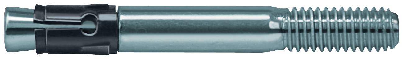 Metallisierte Gewindebuchse mit Schlitzende und schwarzem Haltering, horizontal auf weißem Hintergrund dargestellt.
