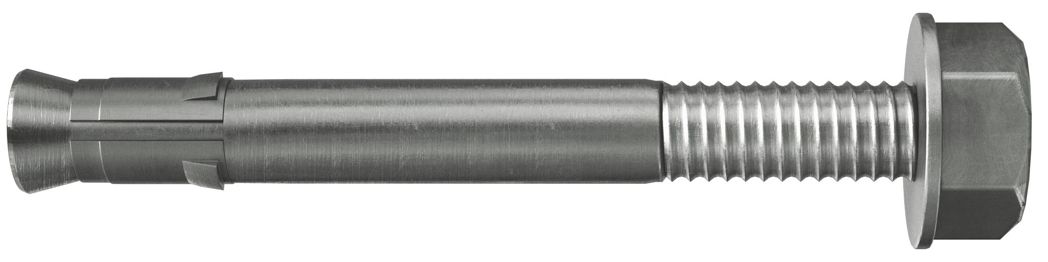 Metallexpansionsankerschraube mit Gewinde am Ende und Sechskantmutter, isoliert auf weißem Hintergrund dargestellt.