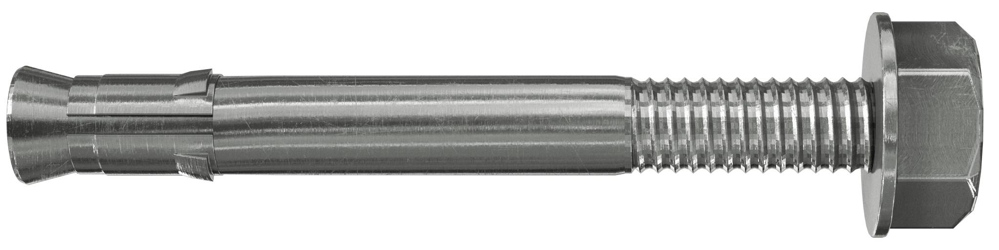 Metallische Sechskantschraube mit glatter Schaft, Gewinde am Ende und großem Sechskantkopf auf der rechten Seite, dargestellt auf weißem Hintergrund.