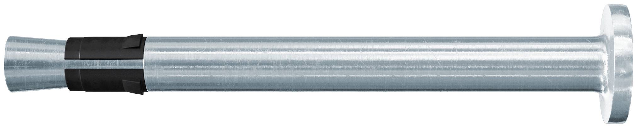 Silberner Metallfastener oder Bolzen mit breitem rundem Kopf und verjüngtem Ende, horizontal auf weißem Hintergrund gezeigt.