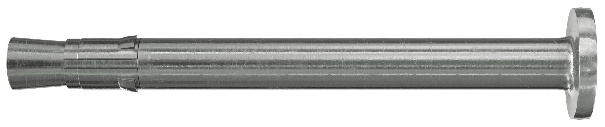 Ein Edelstahl-Zylinderschraubbolzen oder Befestigungselement mit Flanschkopf, horizontal auf weißem Hintergrund dargestellt.