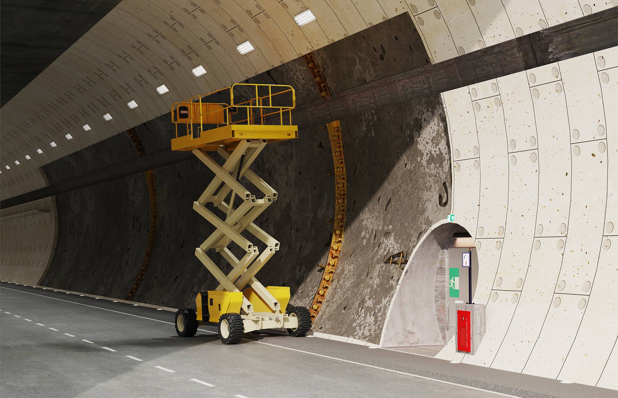 Scherenhubarbeitsbühne erhöht in einem Tunnel, neben der Wand in der Nähe einer kleinen Zugangtür und Notfallausrüstung geparkt.