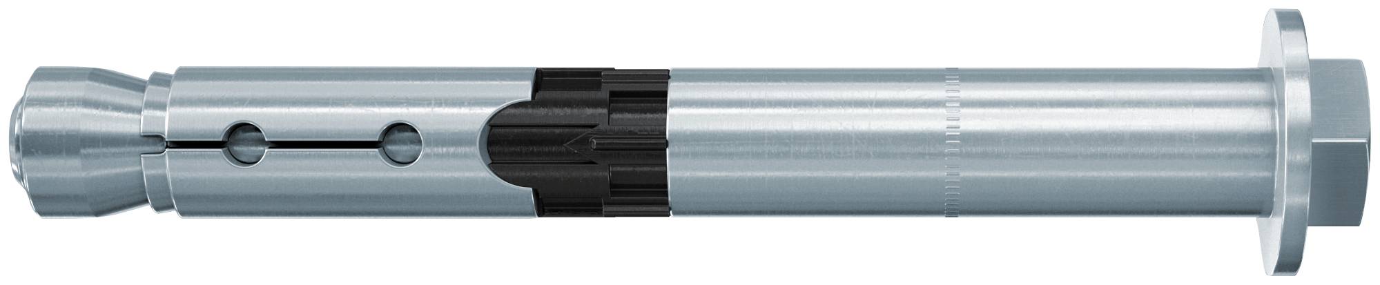 Metallischer zylindrischer Schaft oder Verbinder mit schwarzem zentralem Kragen und Flanschende, horizontal auf weißem Hintergrund dargestellt.
