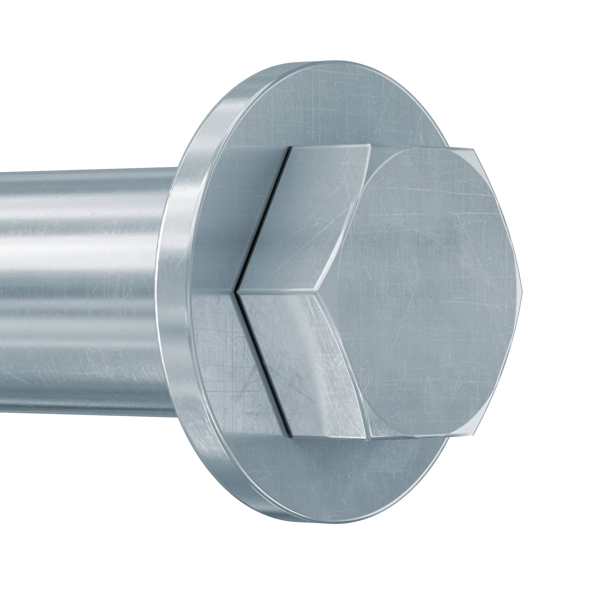 Nahaufnahme einer silbernen Metallschraube oder eines Verbindungselements mit sechskantigem Kopf und angefügtem Schaft auf weißem Hintergrund.