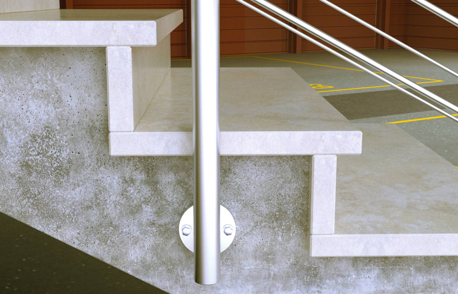 Nahaufnahme einer Betontreppe oder Plattform mit Edelstahlhandlauf und Geländerpfosten, die Stufen und gelbe Bodenmarkierungen im Hintergrund zeigt.