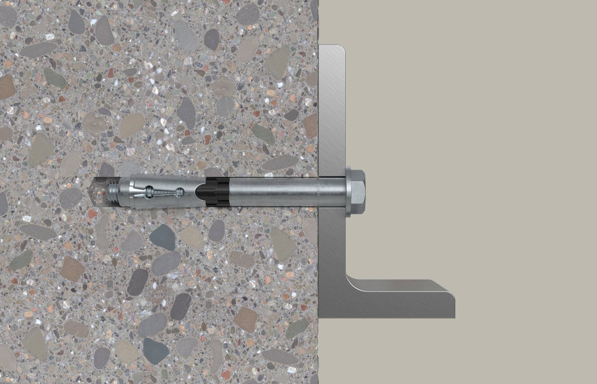 Querschnitt eines in Beton eingebetteten Wandankerbolzens, gesichert durch eine Metalllasche und eine Sechskantmutter.
