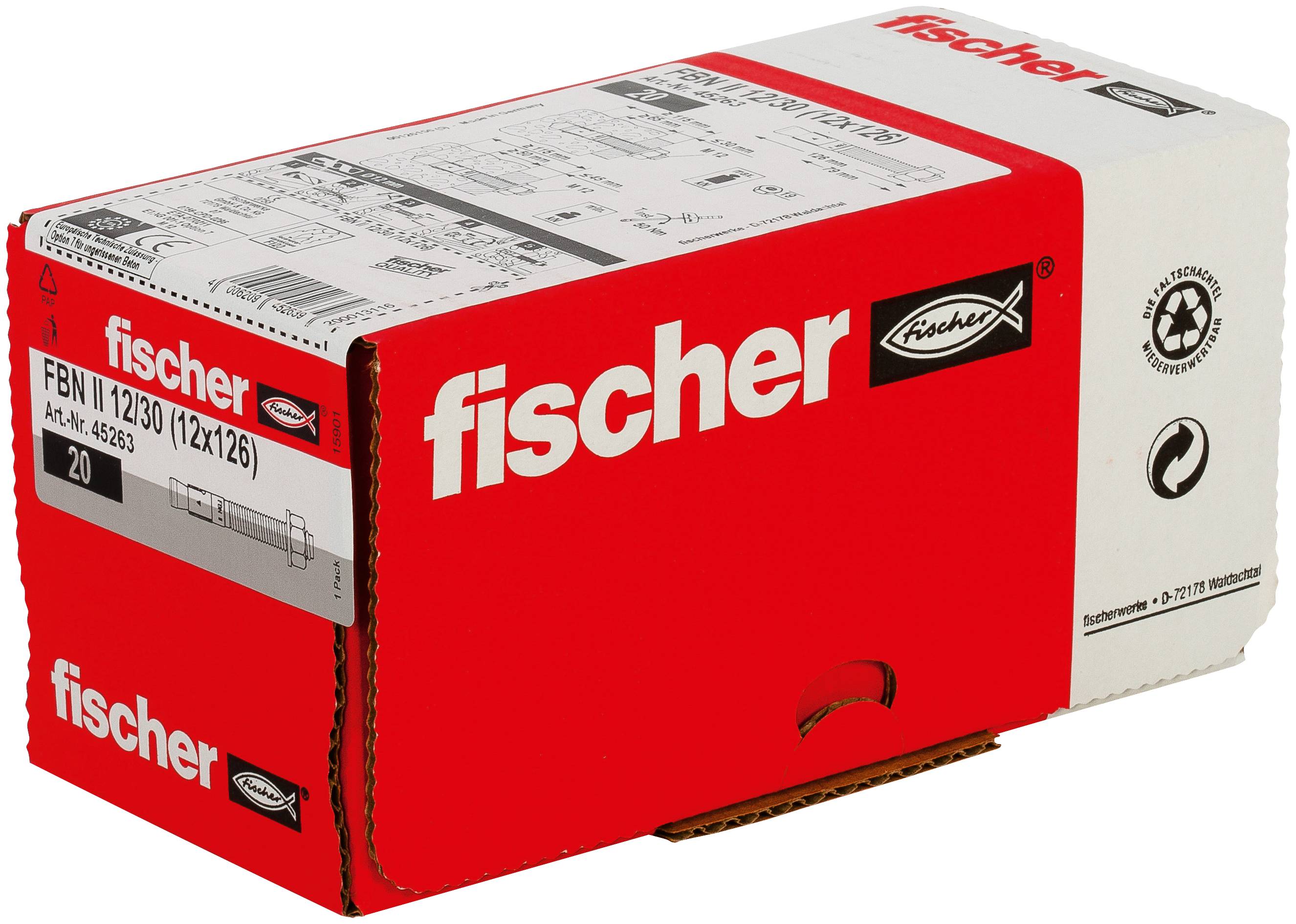 Rot-weiße Fischer-Kartonbox mit Wandsteckern/Dübeln, dargestellt in Produktverpackungsansicht mit Etikett und Größenangaben.