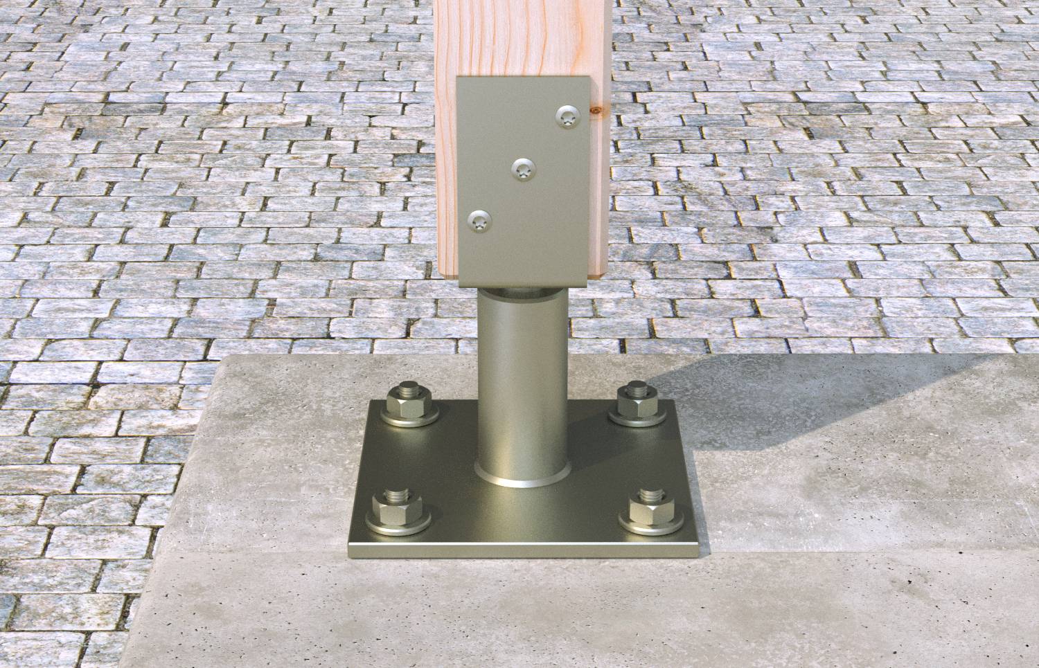 Nahaufnahme einer Metallpfostenankerung, die mit Bolzen an einem Betonsockel befestigt ist, mit einer quadratischen Platte und vier Ankerbolzen, die die vertikale Säule sichern.