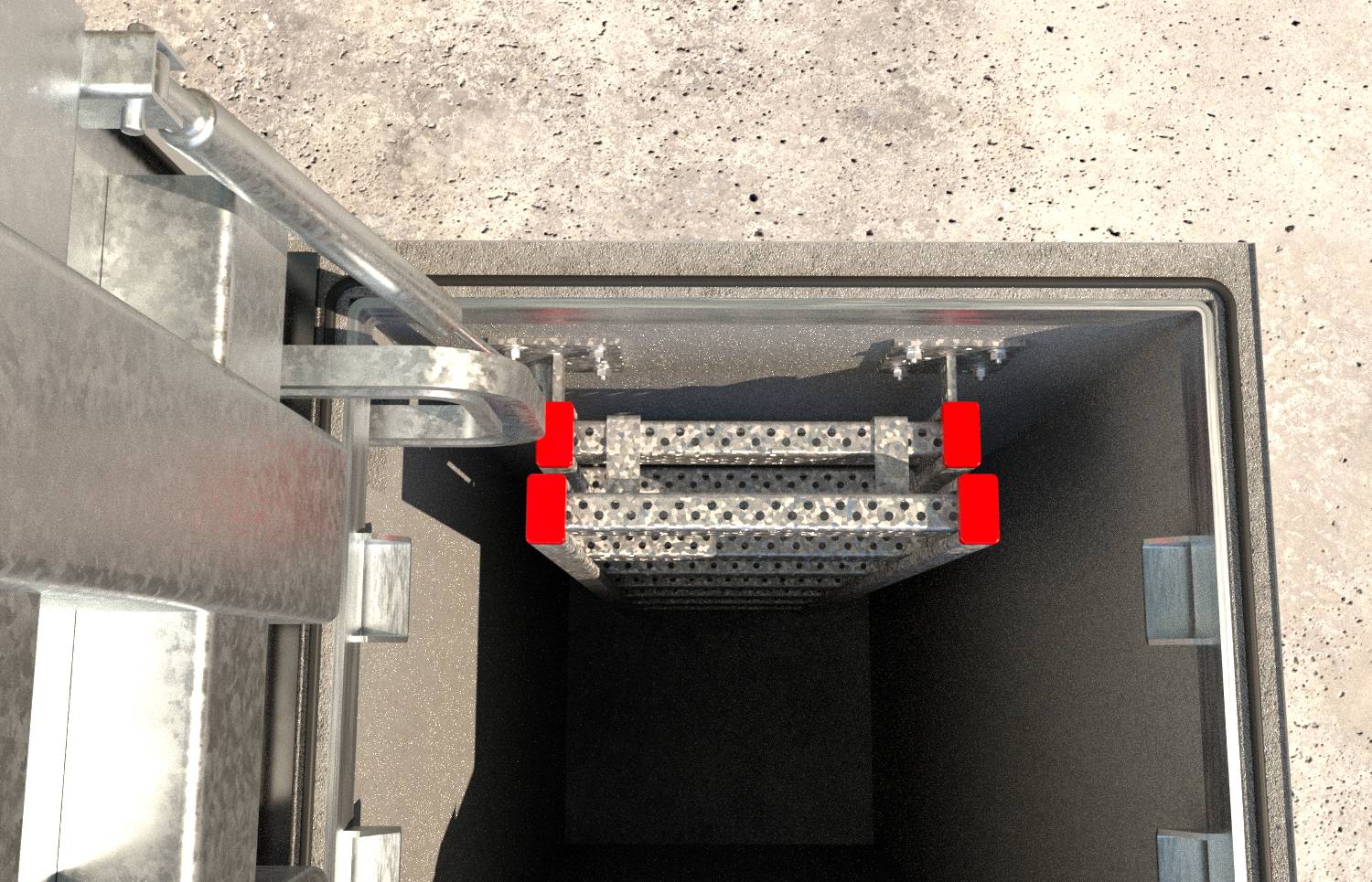 Draufsicht in eine offene unterirdische Grube mit einer Metallleiter oder Plattformkonstruktion in der Nähe der Öffnung, gekennzeichnet durch rote Sicherheitskappen.