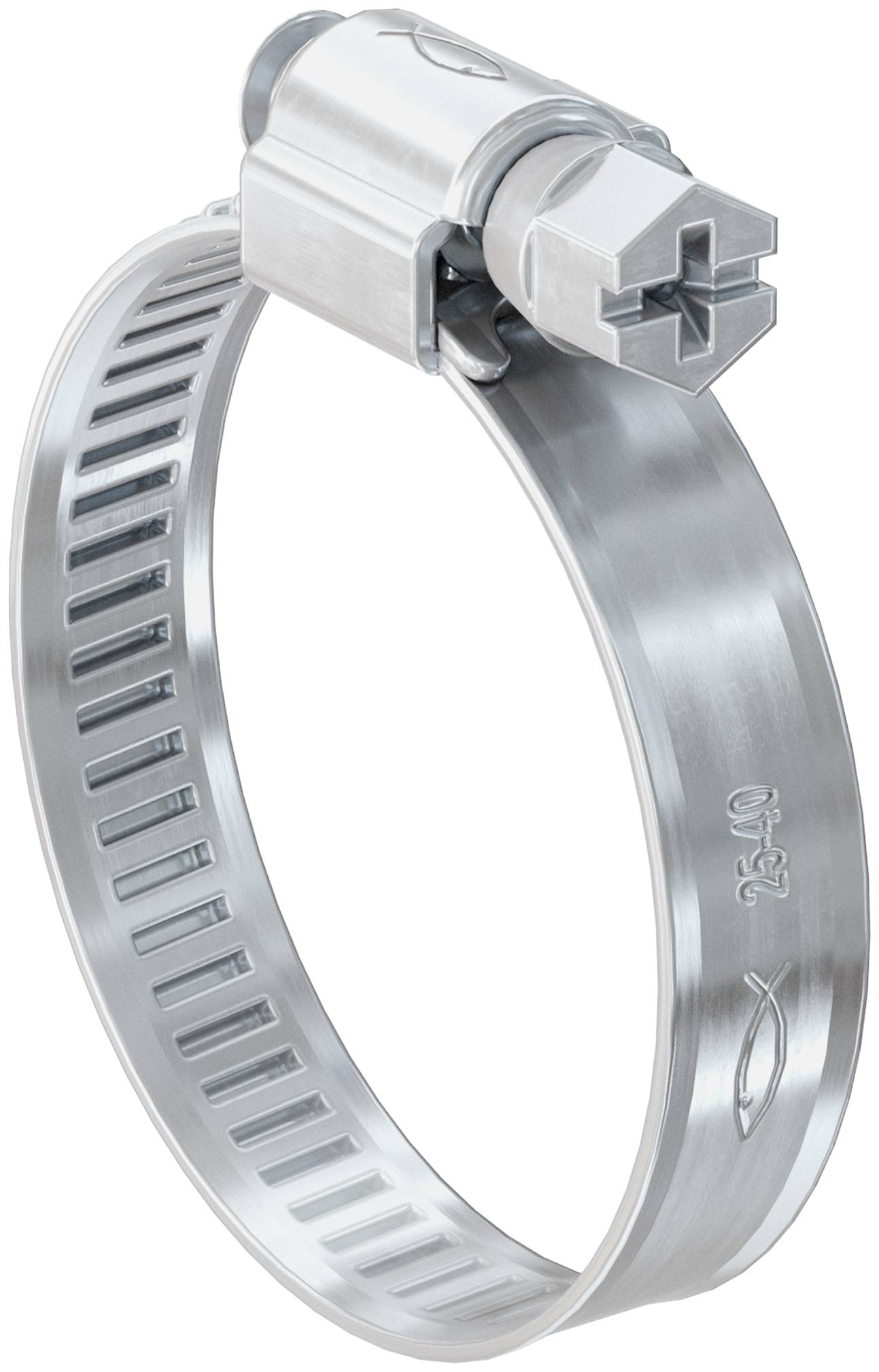 Metallschlauchschelle mit Schlitzband und Schraub-Spanngehäuse, isoliert auf weißem Hintergrund dargestellt.