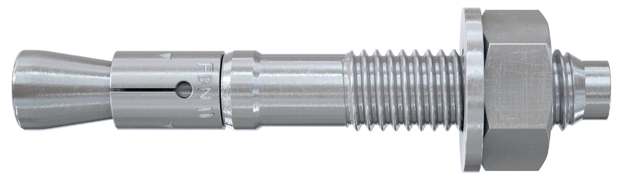 Metalldehnungsankerschraube mit konischer Hülse, Gewinde am Schaft und Sechskantmutter auf weißem Hintergrund.