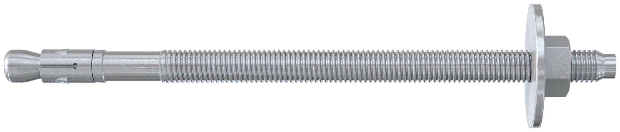 Ein Metallspreizdübel mit Gewindewelle, Schlitzmuffe, Unterlegscheibe und Sechskantmutter, horizontal auf weißem Hintergrund dargestellt.