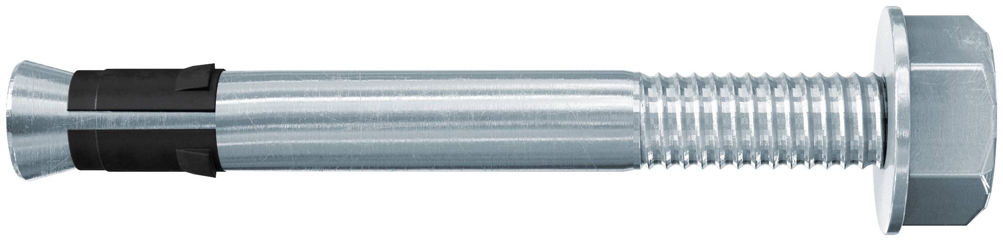 Metallbolzen mit Sechskantmutter und Unterlegscheibe, horizontal auf weißem Hintergrund dargestellt.