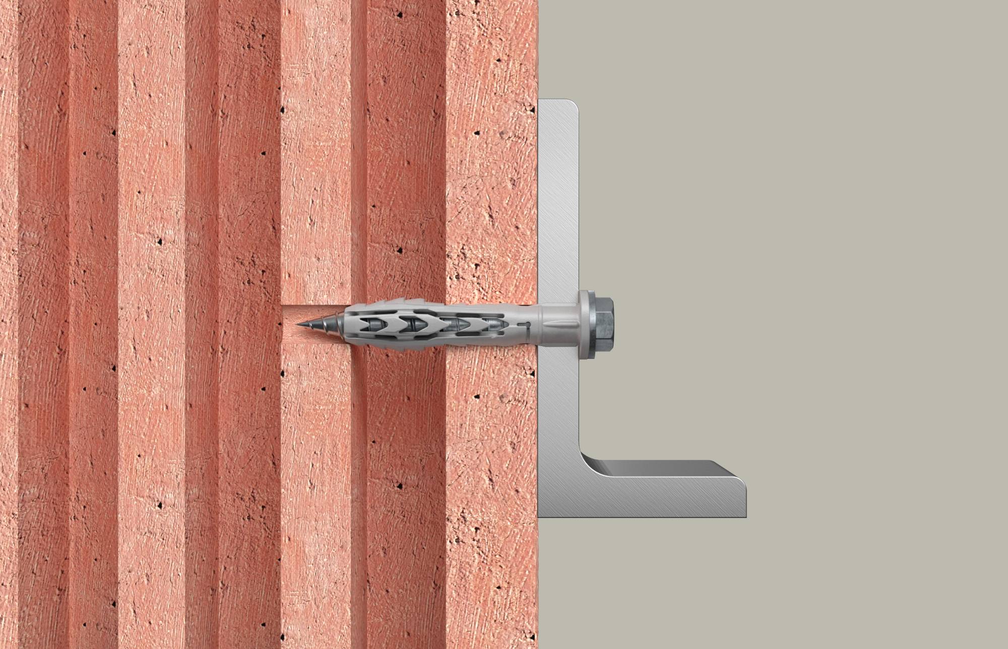 Querschnittsdarstellung einer Wandankerungsschraube, die eine Metallhalterung in einer roten Mauerwerk wand befestigt.