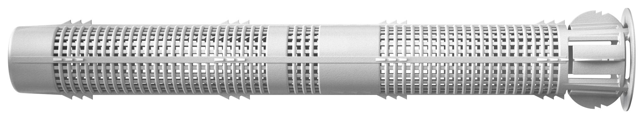 Grauer zylindrischer Metallnetz-Filtereinsatz oder Siebpatrone mit konischer Endkappe, horizontal auf weißem Hintergrund dargestellt.