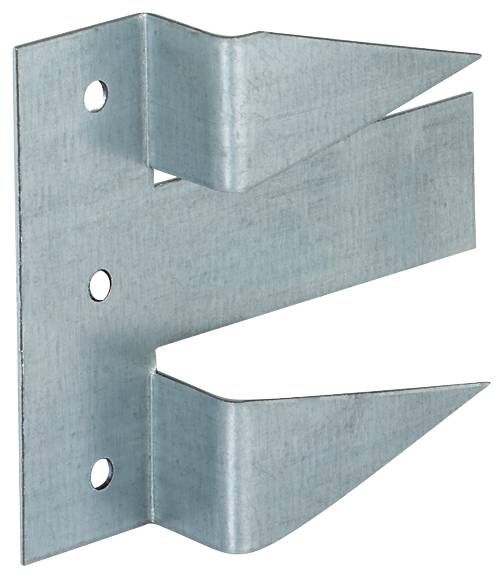 Verzinkter Metallwinkel mit drei Befestigungslöchern und zwei abgewinkelten Stützarmen, dargestellt auf weißem Hintergrund.