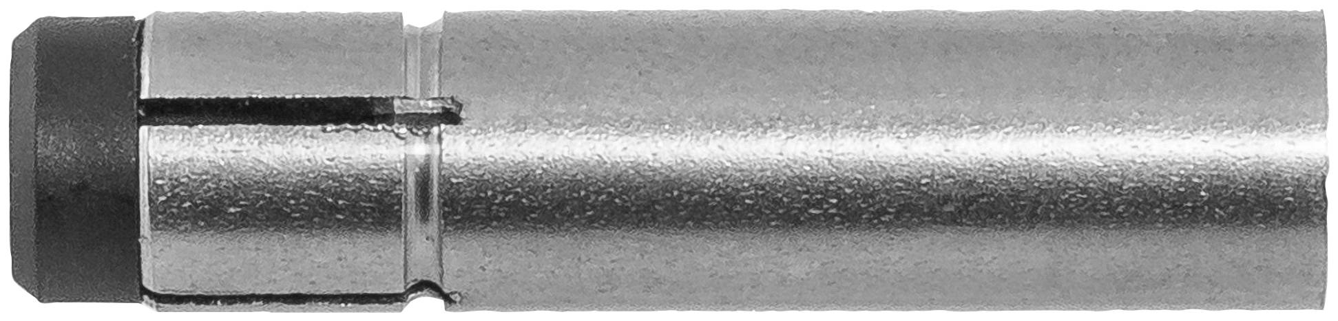 Nahaufnahme eines metallischen zylindrischen Rohrs oder Verbinders mit einer dunklen Endkappe auf der linken Seite, dargestellt vor einem einfachen Hintergrund.