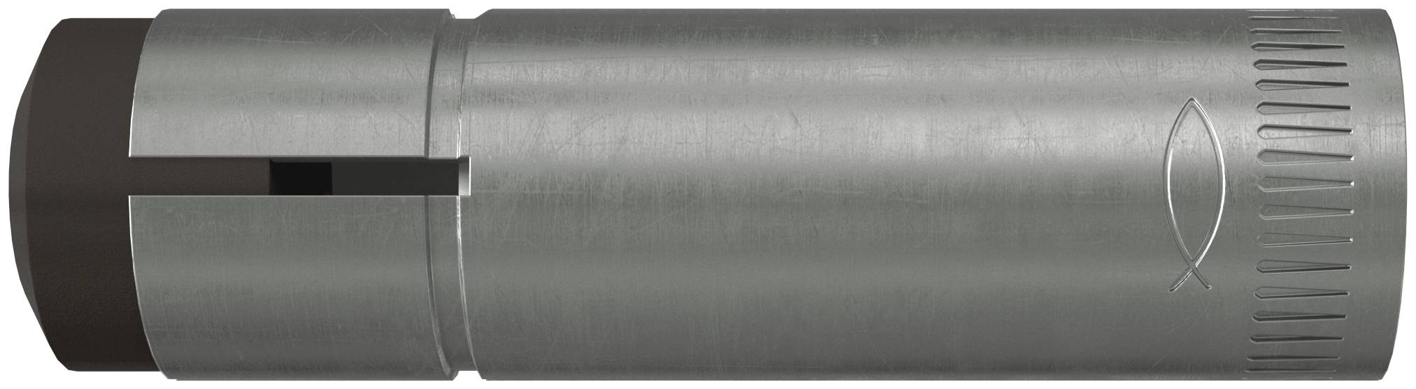 Ein silbernes zylindrisches Metallgerät mit schwarzer Kappe am Ende und Riffelring, in der Seitenansicht auf weißem Hintergrund dargestellt.