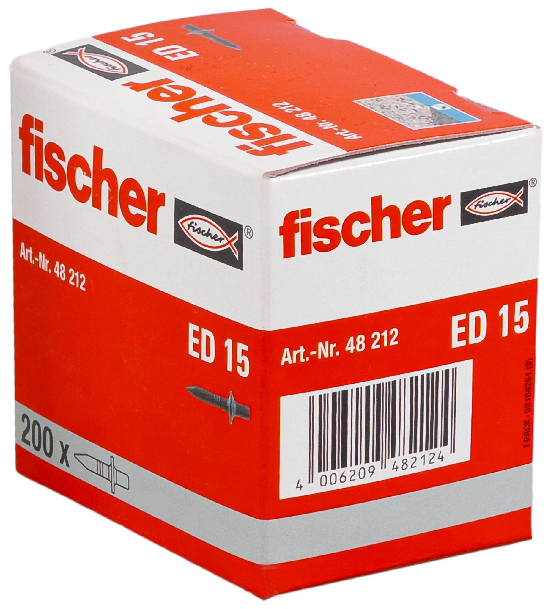 Eine rot-weiße Fischer ED 15 Packung Dübel/Anker für die Wand, gekennzeichnet mit „fischer