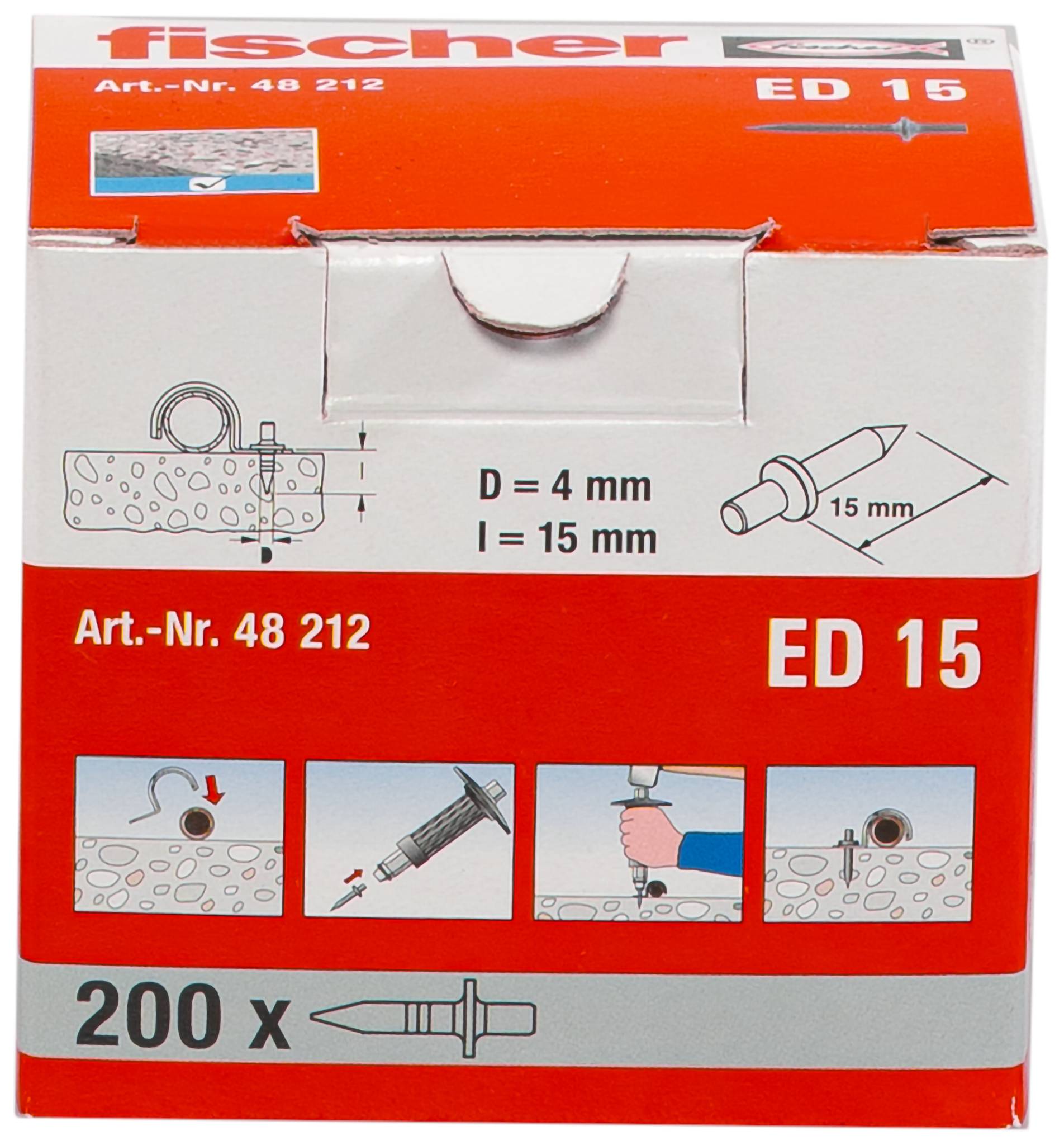 Produktverpackung für Fischer ED 15 Wanddübel, mit 'D = 4 mm' und 'I = 15 mm', Packung mit 200