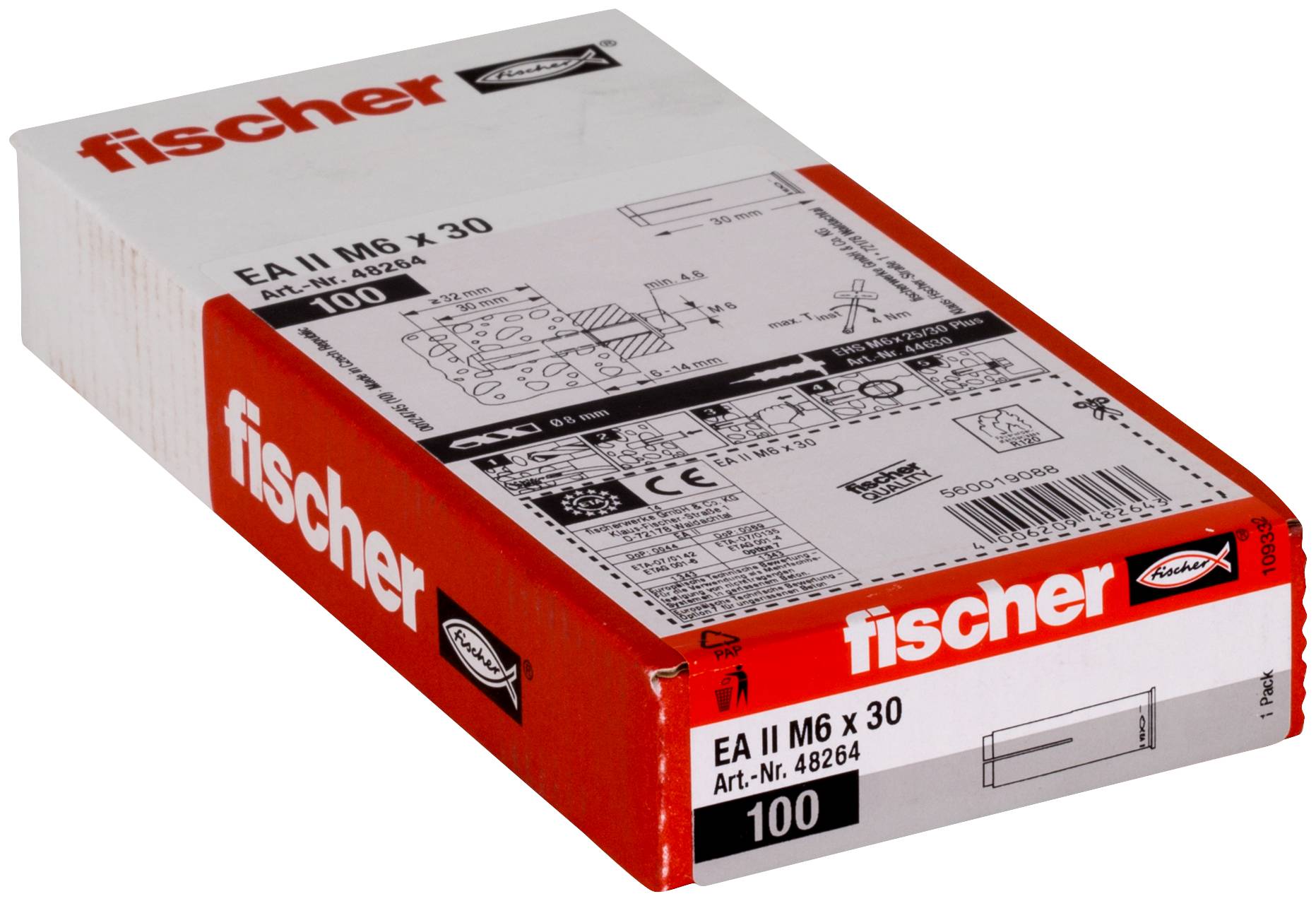 Eine Schachtel Fischer EA II M6 x 30 Metallankerschrauben, gekennzeichnet mit Produktdetails und einer Packungsgröße von 100 Stück.