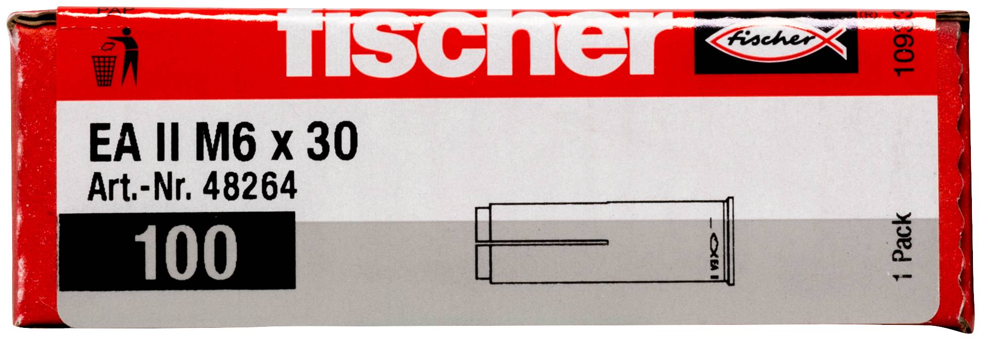 Paket fischer EA II M6 x 30 Dübel, Art.-Nr. 48264, Packung à 100, mit Produktdiagramm und Markenlogo.