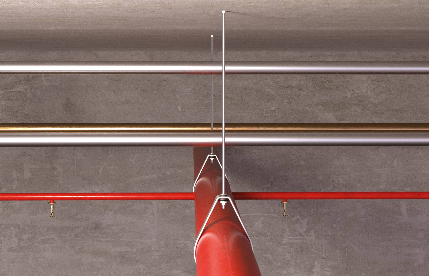 Rotes Sprinklerleitungsrohr mit hängenden Stützseilen gegen eine Betondecke und freigelegte horizontale Versorgungsleitungsrohre.