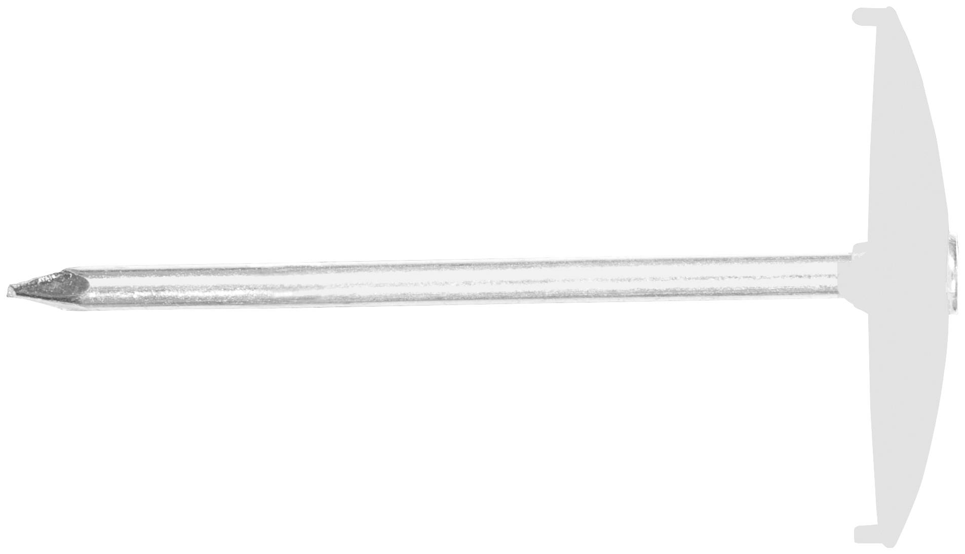 Ein einzelner Metall-Stift oder Nagel mit einer spitzen Spitze und einem flachen weißen Kopf, horizontal auf weißem Hintergrund dargestellt.